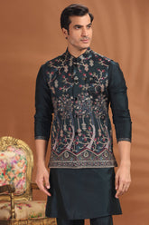 Dark Tral Green Silk Embroidered Kurta Pajama with Jacket